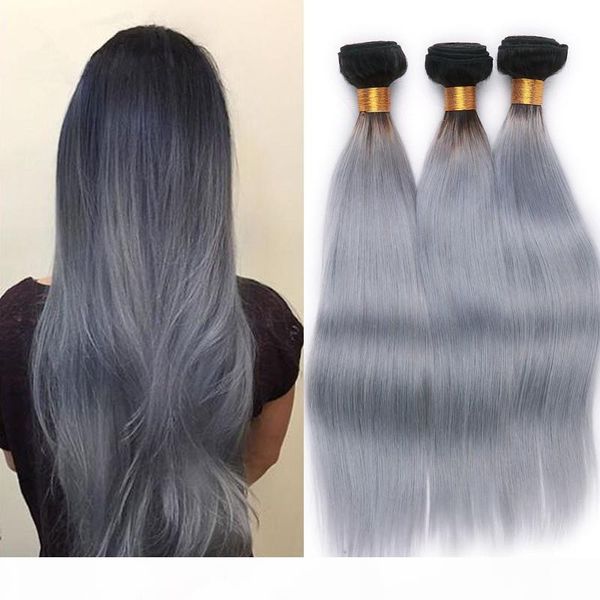 

8a grade virgin malaysian ombre straight hair weave bundles 1b grey ombre virgin hair 3pcs lot silver grey human hair wefts, Black