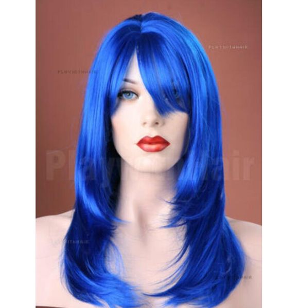 Clássico de seda em camadas longa peruca azul elétrica