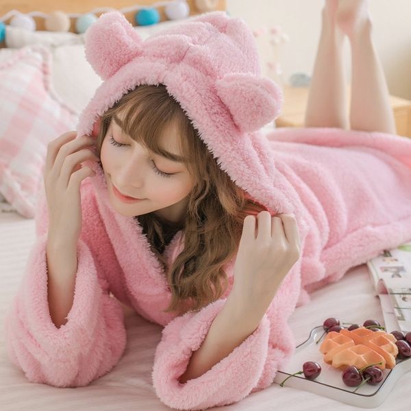 Neue Plüsch Frauen Robe Erwachsene Bär Ohren Pyjamas Langarm Candy Farben Nachtwäsche Schöne Bad Roben Dressing Kleider Frauen Bademantel 210203