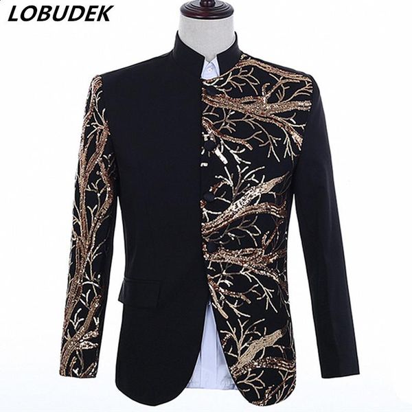 

мужчины блестящий золотой черный блестки красный белый blazer куртка stand collar slim fit coat ночной клуб бар singer хост stage куртка кос, Black;brown