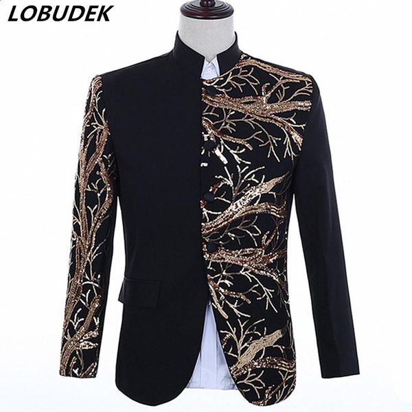 

men shiny golden black sequins red white blazer jacket stand collar slim fit coat nightclub bar singer host stage jacket costume, Black;brown