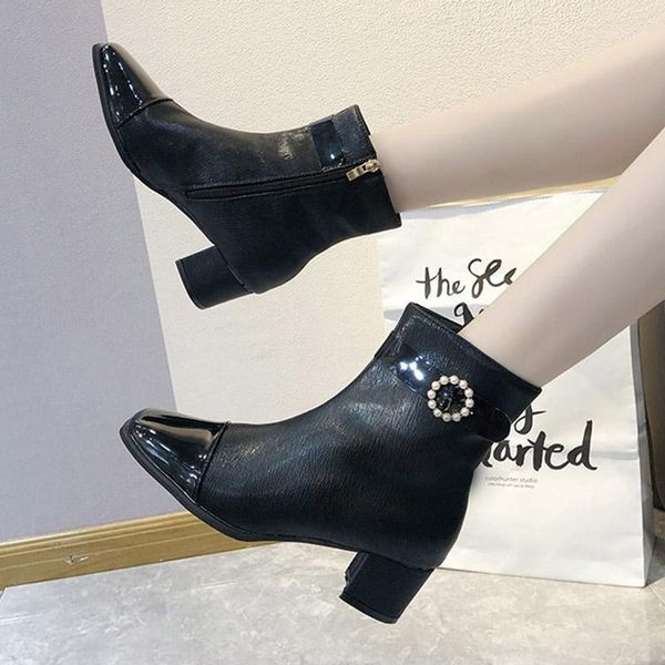 

women ankle boots pearl buckle dress shoes 2020 winter new fashion bead booties ladies shoes square heeled botas mujer 8592l1, Black