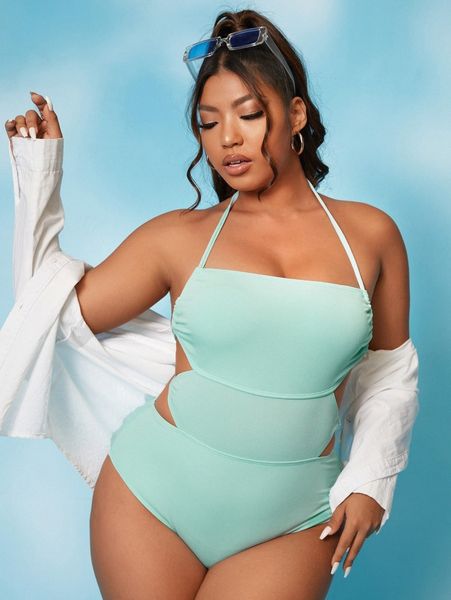 

plus plain rib backless one piece swimsuit r2px#, Black