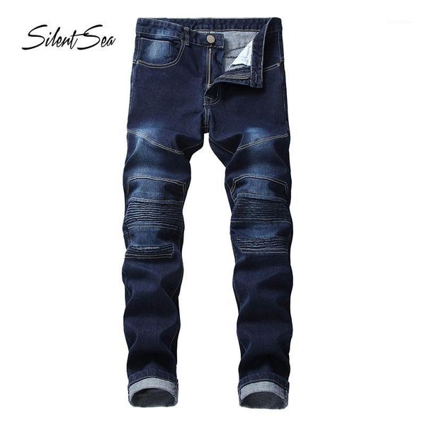 

silentsea straight washed multi zipper pants homme pleated jeans pants men's slim fit brand designer denim fashion trousers1, Blue