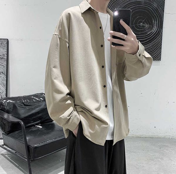 

camisa de pure color shirt men's fashion loose long sleeve shirt autumn style hombre student casual jacket blouse, White;black