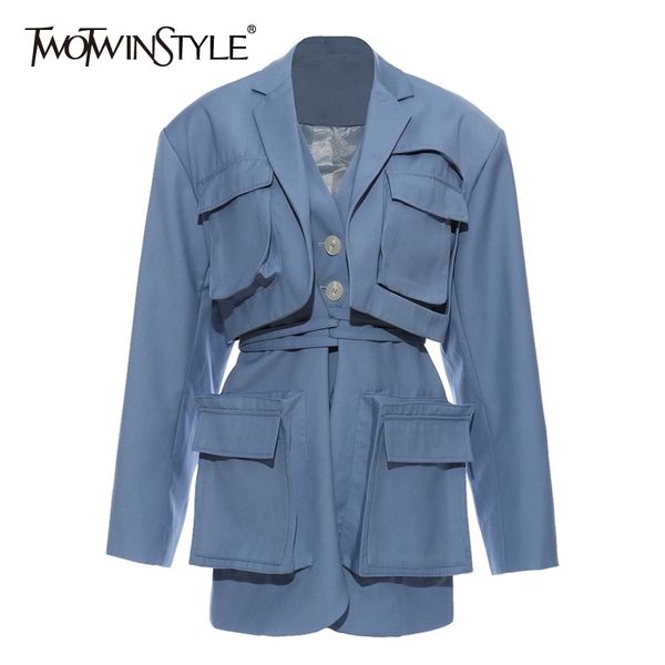 

twotwinstyle casual women blazer notched collar long sleeve high waist lace up patchwork pockets suit female fashion clothes new 201023, White;black