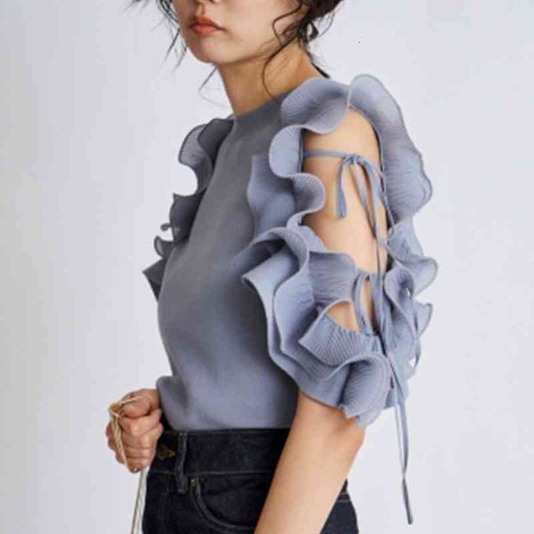 

women's hoodies & sweatshirts shoulder strapless short sleeve woman tshirts summer pleated ruffles design pullovers elegant temperament, Black