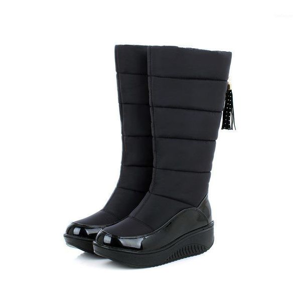 

boots snow for women shoes platform patent leather tassel footwear cotton mid calf winter size 35-441, Black