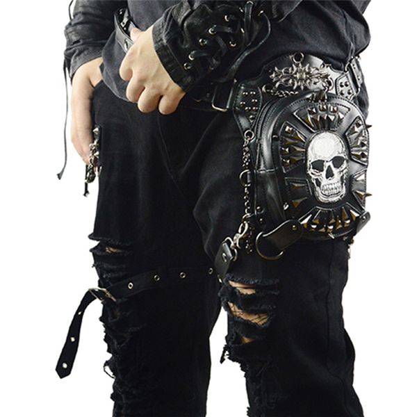 

gothic steampunk skull bag new women messenger bag leather rivet waist leg bags fashion retro rock motorcycle leg bag for men c1026