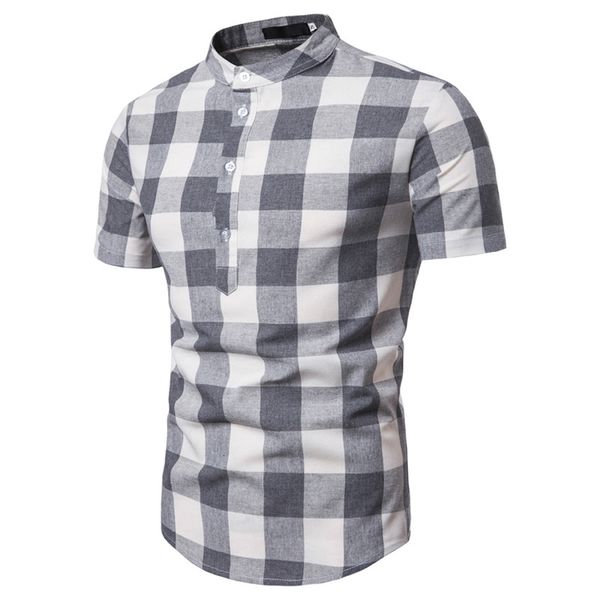 

dropshipping nezgiber new summer shirt cotton linen polos slim fit plaid short sleeve stand collar polo men