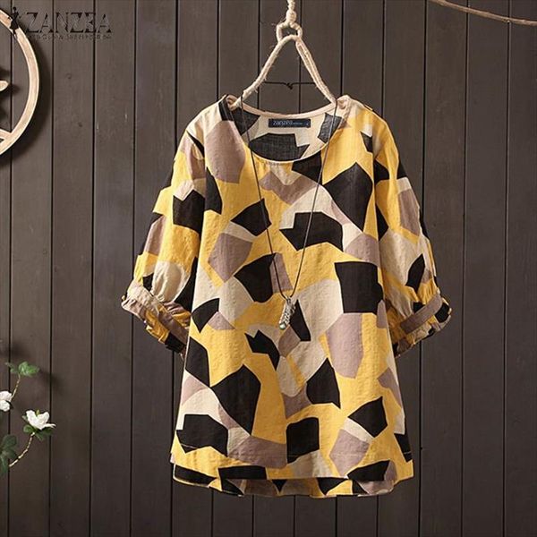 

summer tunic womens blouse zanzea 2021 vintage printed casual short puff sleeve tee shirts female o neck blusas plus size, White