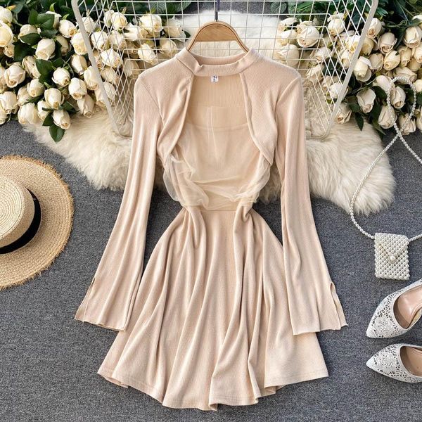 

women 2021 new fashion autumn and winter mesh stitching slim short a-line dress round neck long sleeve casual vestidos q595, Black;gray