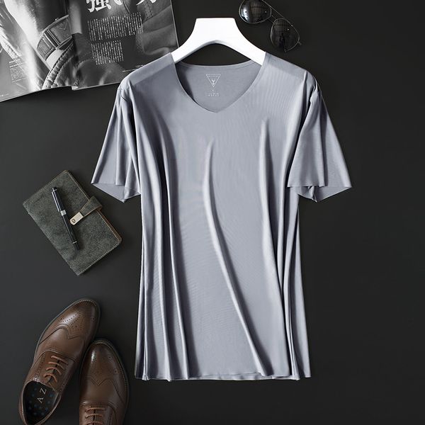 

men's thin short sleeve ice silk without summer solid color t shirt trace slim v-neck bottoming fashion men clothing kg-219, White;black