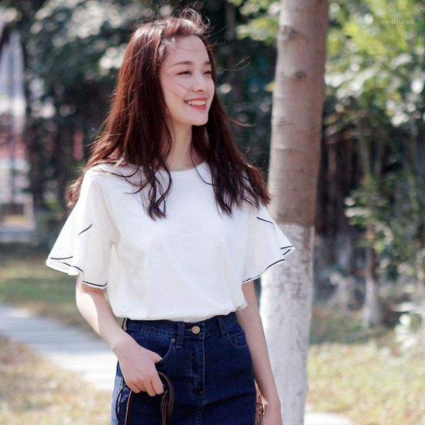 

trumpet sleeves short-sleeved t-shirt female summer korean version of the new foreign trade 1, White