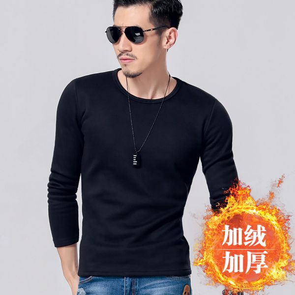 

autumn clothes plush and thickened v-neck slim long sleeve t-shirt winter warm solid color men's jacket by, White;black