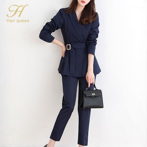 

h han queen autumn winter lace up pant suit women notched blazer jacket & pant office wear suits female sets1, White