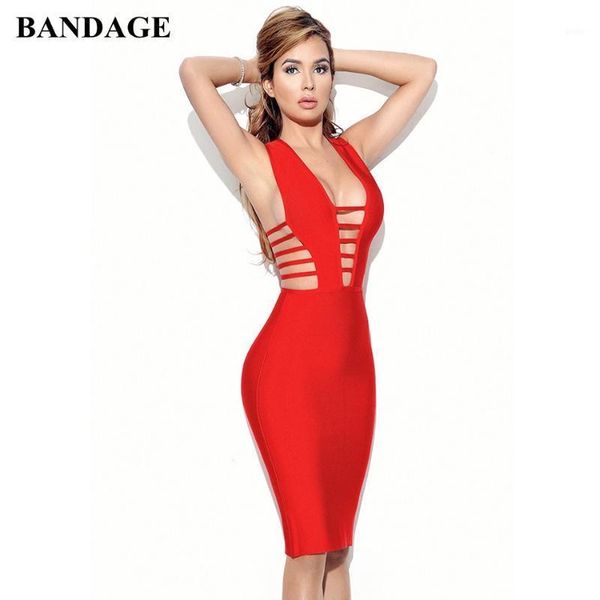

hollow out deep v neck bandage dress factory price sheath zipper red dresses celebrity party club sleeveless knit vestidos1, Black;gray