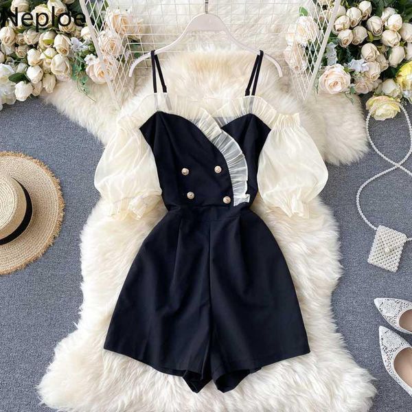 

neploe women sling playsuits 2020 summer sweet ruffle hit color patchwork bodysuits korean double breatsed slim rompers 4c7451, Black;white
