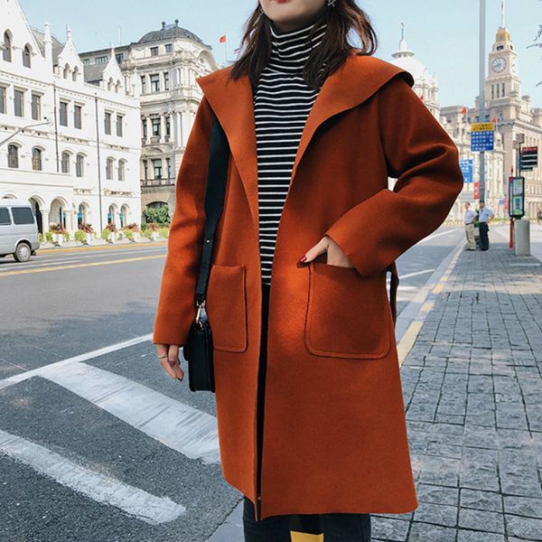 

autumn and winter women's new long section of the waist hooded long-sleeved woolen coat female, Black