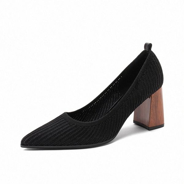 

2020 spring knit pumps shoes women high square heel pointy toe office lady casual slip on stretchy shoes work block heel #rb31, Black
