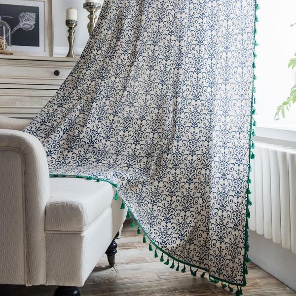 

curtain cotton linen semi blackout blinds french window door curtain with tassel finished blue and white porcelain