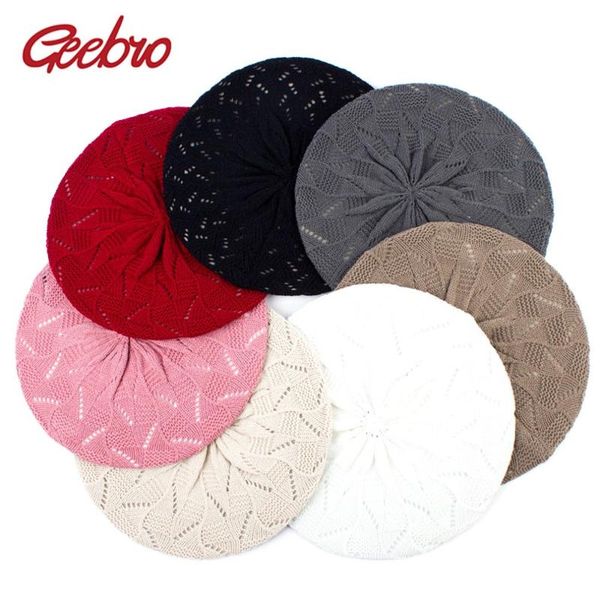 

geebro women's plain color knitted beret hat ladies french artist beret hats spring casual thin acrylic berets for women beanie, Blue;gray