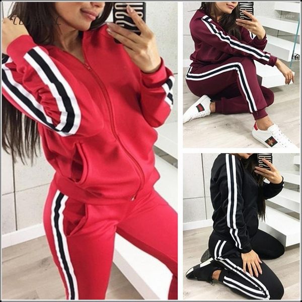 

spring casual side striped sport sets for women long sleeve zipper sweatshirt elastic waist pencil sweatpants fitness 2 pcs sets1, White