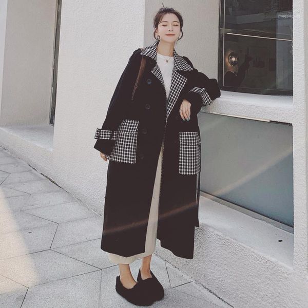 

autumn and winter mosaic black and white tartan camel wool coat female 2021 new winter loose wool coat elegant woman long1