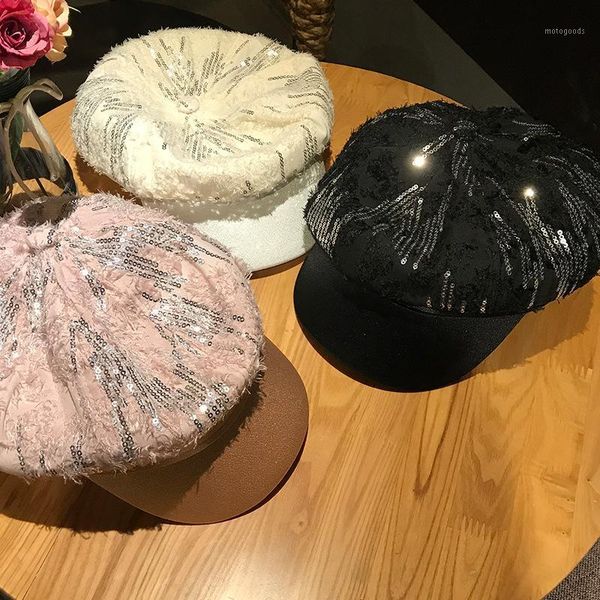

new 2020 sequins british retro painter saopai sequin fashion feather leisure lady octagonal hat women visors cap beret tide1, Blue;gray