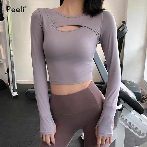 

peeli hollow out yoga fitness shirt clothes long sleeve gym crop running t-shirts women athletic wear workout 1, White;red