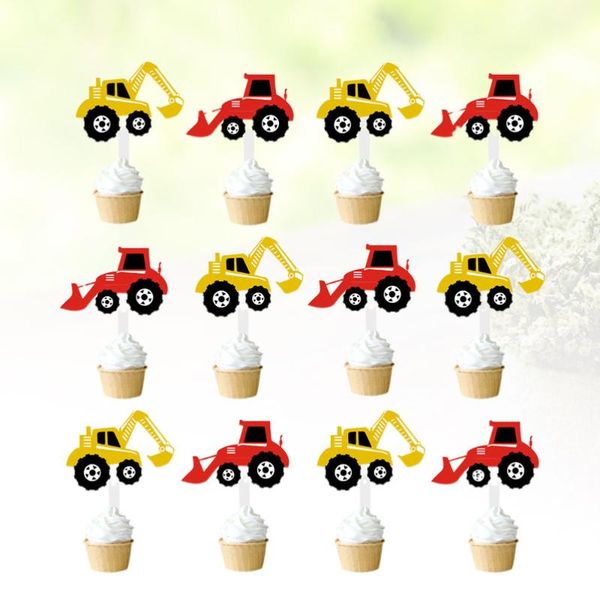 

12pcs construction truck excavator theme cake ers paper cupcake fruit picks decor toothpick party supplies