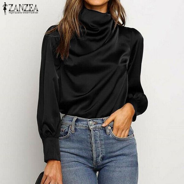 

women's blouses & shirts 2021 zanzea spring satin shirt fashion solid folds work blouse women casual turtleneck long sleeve tunic fema, White