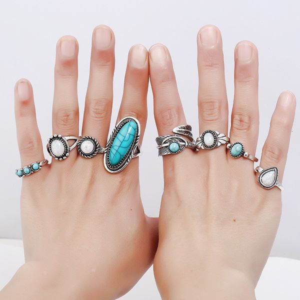 

fashion women elegant cluster ring multi-piece set turquoise personalized open super beautiful rings for women, Golden;silver