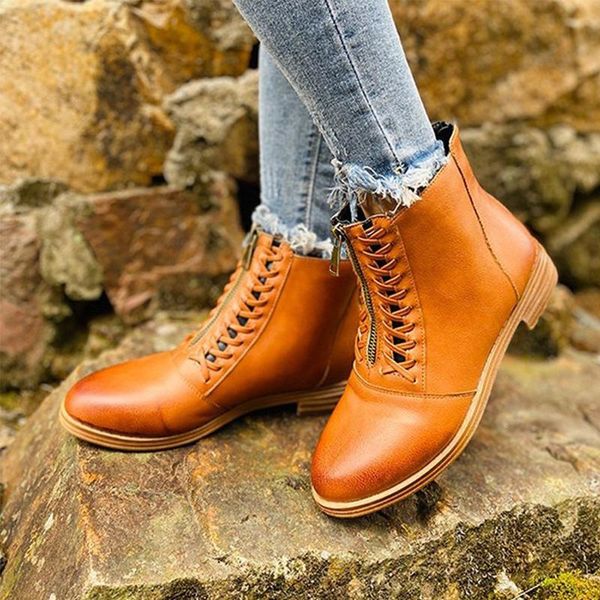 

ankle boots for women pu leather plus size 36-43 female casual shoes women's round toe woman footwear ladies lace up low heels, Black