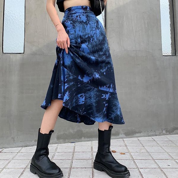 

new gothic blue tie dye skirt women ruffles design cool streetwear a line high waist skirts autumn 2020 goth halloween, Black