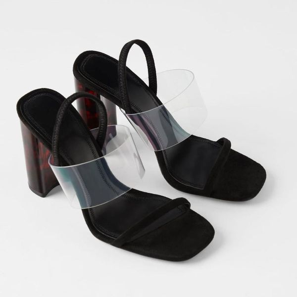 

new style women's shoes high-heel transparent belt women's pvc sandals thick-heel square toe fashion casual shoes, Black