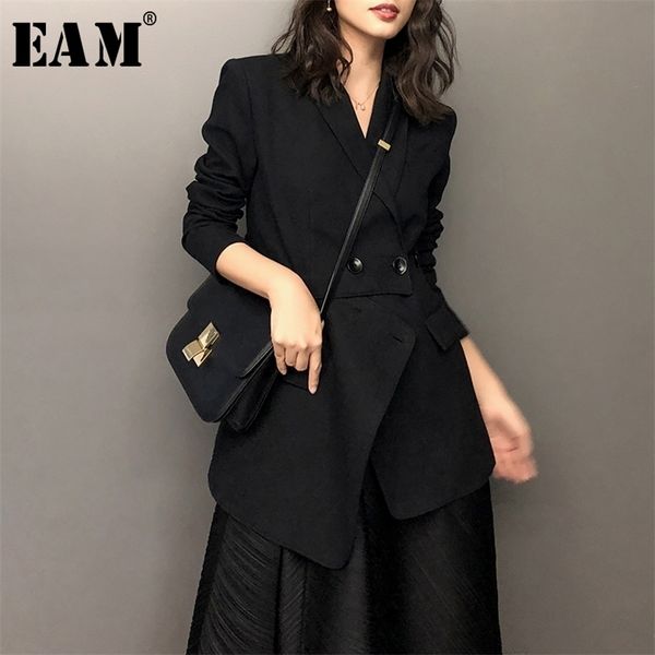 

[eam] women black irregular split long blazer new lapel long sleeve loose fit jacket fashion tide spring autumn 2020 lj201214, White;black