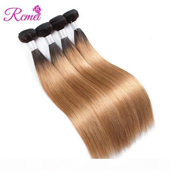 

1b 27 colored bundles with closure brazilian straight human hair 4 weave bundles with 4*4 lace closure two tone black roots, Black;brown