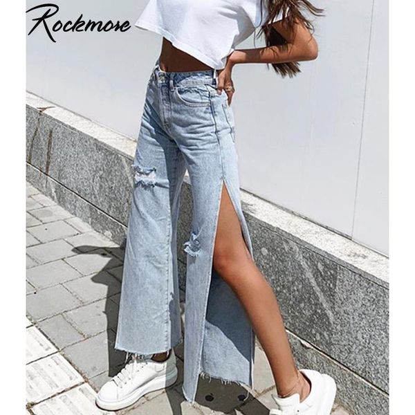 

рокмор рваные джинсы для женщин высокой талией багги split denim брюки boyfriend harajuku карманы брюки streetwear повседневный завернутые, Blue