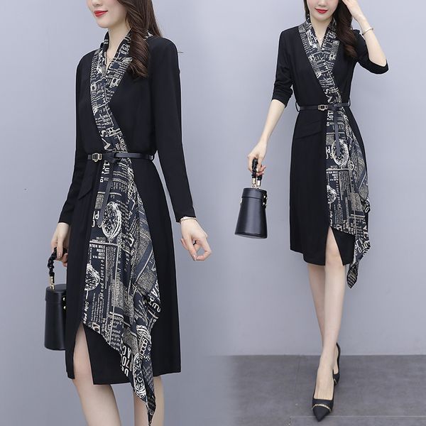 

womens plus size dressed in fat woman ladies work 2021 spring wear long sleeve belt dress clothes j43s, Black;gray
