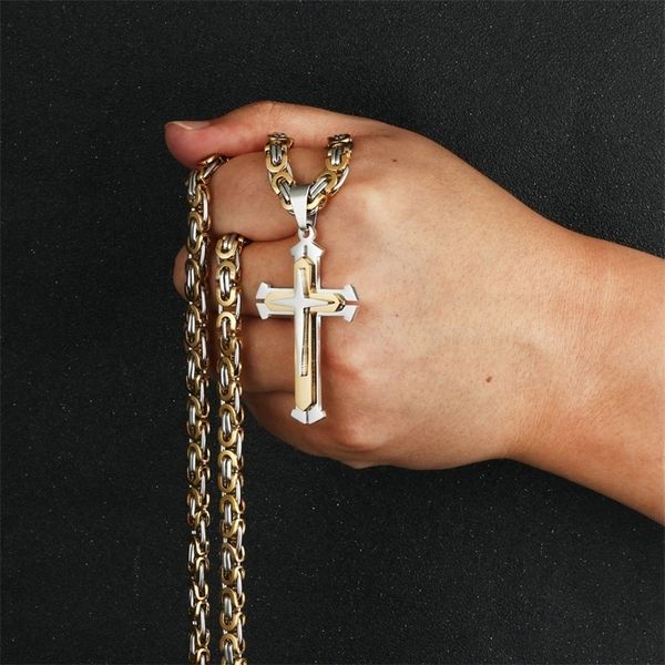 

gold silver color stainless steel 3 layers knight cross pendants necklaces male jewelry byzantine chain men body jewelry nc05 y200730