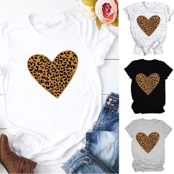

women leopard heart print hipster tee funny summer casual crew neck trendy streetwear aesthetic short sleeve t-shirt1, White