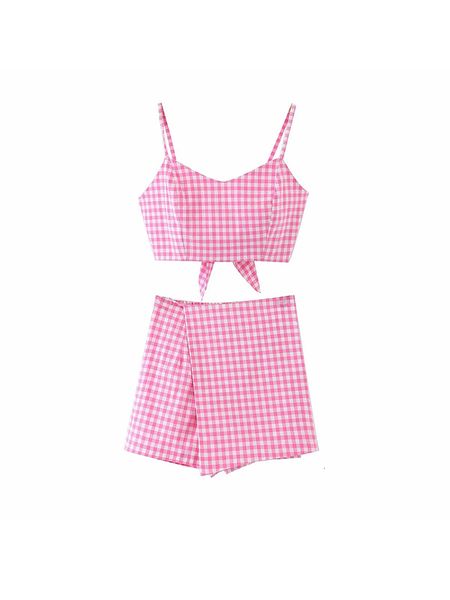 

2021 2920 new vintage girl pink plaid short spaghetti straps + asymmetric show leg slacks suit skirt 2 female set n8w5, Black;gray