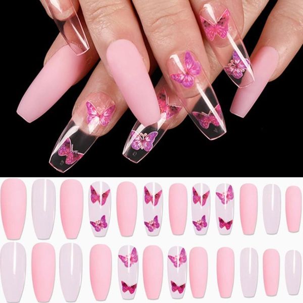 

24x butterfly pattern false nails acrylic full cover dang stiletto балерина гроб поддельные ногти художественные советы маникюрные инструмен, Red;gold