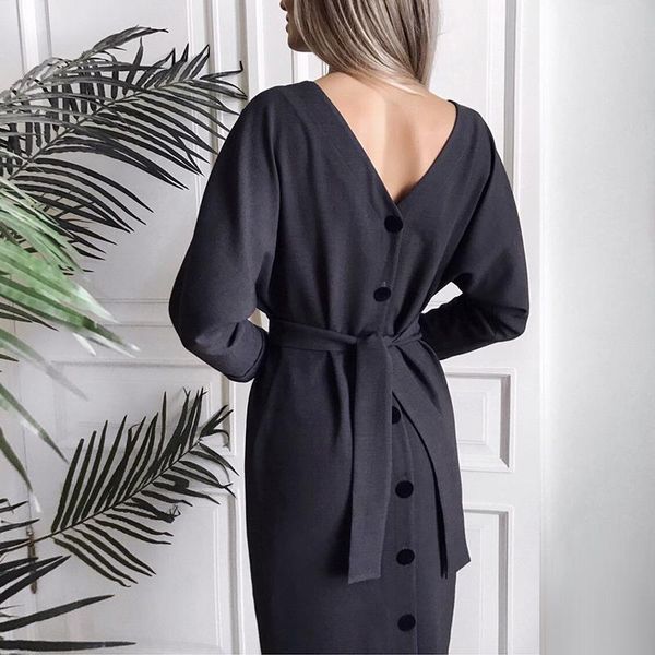 

women casual sashes v neck button dress ladies long sleeve bow tie party dress 2021 winter loose fashion women midi dress, Black;gray