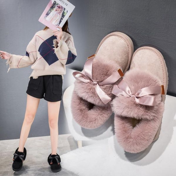 

olomm bandage bow fur winter shoes women snow boots slop on 2020 female furry flats ankle boots winter warm fur boot, Black