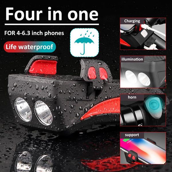 

usb rechargeable led bicycle headlight bike horn handlebar phone holder cycling light 4000 mah cycling horn led light