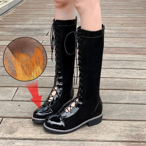 

plus size 34-43 fashion thigh high boots women vintage leather square high heel zipper knee height lace-up boot keep warm shoes1, Black