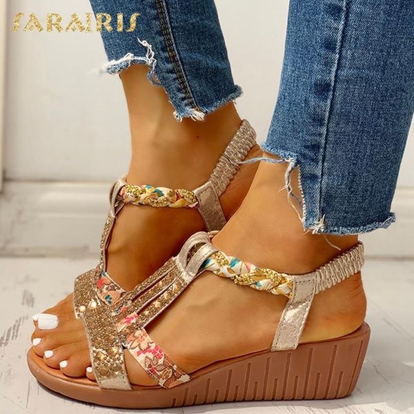 

sarairis 2020 dropship gladiator wedge heels elastic band crystals summer women shoes woman sandals leisure beach sandals y200702, Black