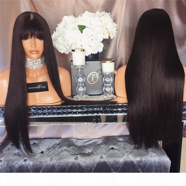 

silk straight wig full lace wigs with full bangs glueless full lace human hair wigs for black women lace front natural wig, Black;brown